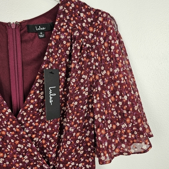 Lulu's Good Moments Burgundy Floral Print Split Sleeve Faux-Wrap Dress NWT - Picture 13 of 16